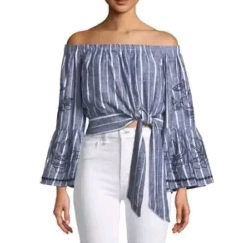 Parker Georgina Linen Blue White Stripe Revolve Crop Off Shoulder Peasant Top XS